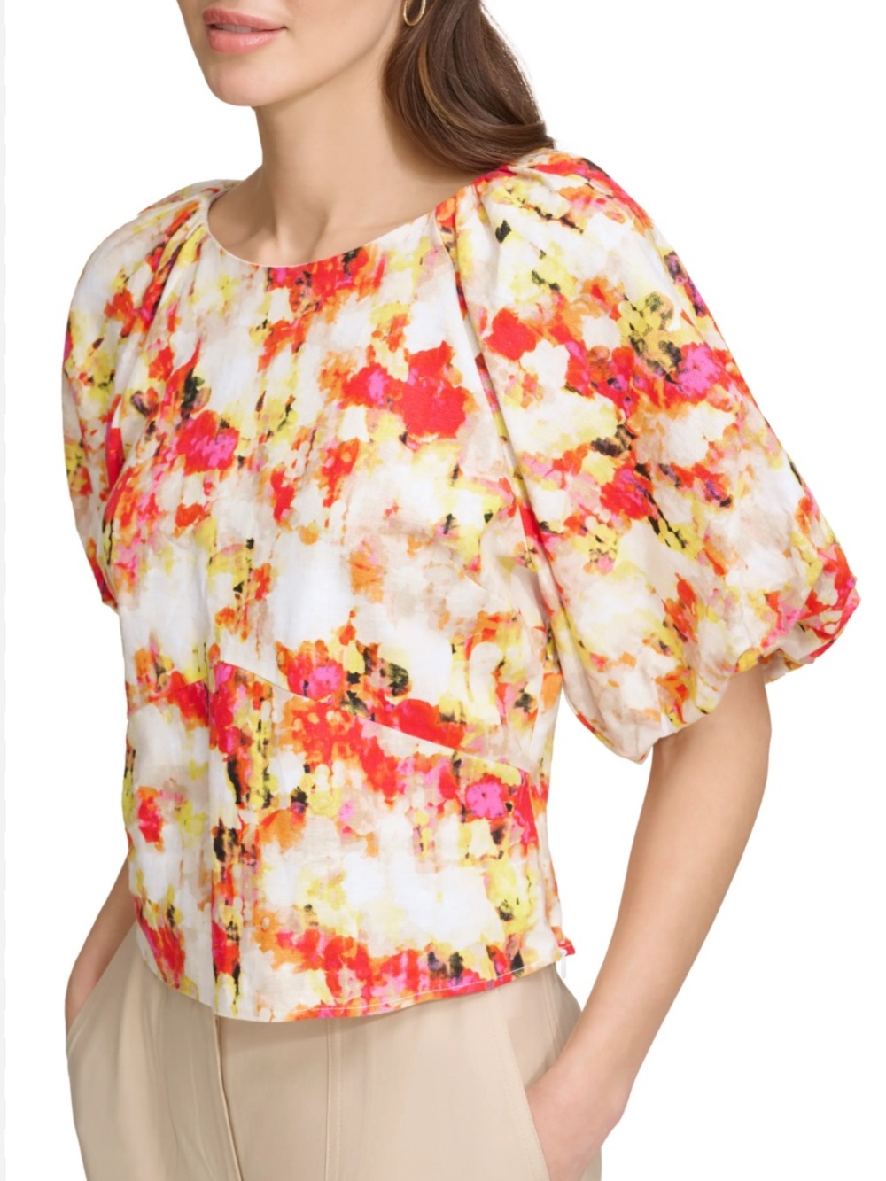 DKNY Abstract Print Puff Sleeve Linen Blend Top Small